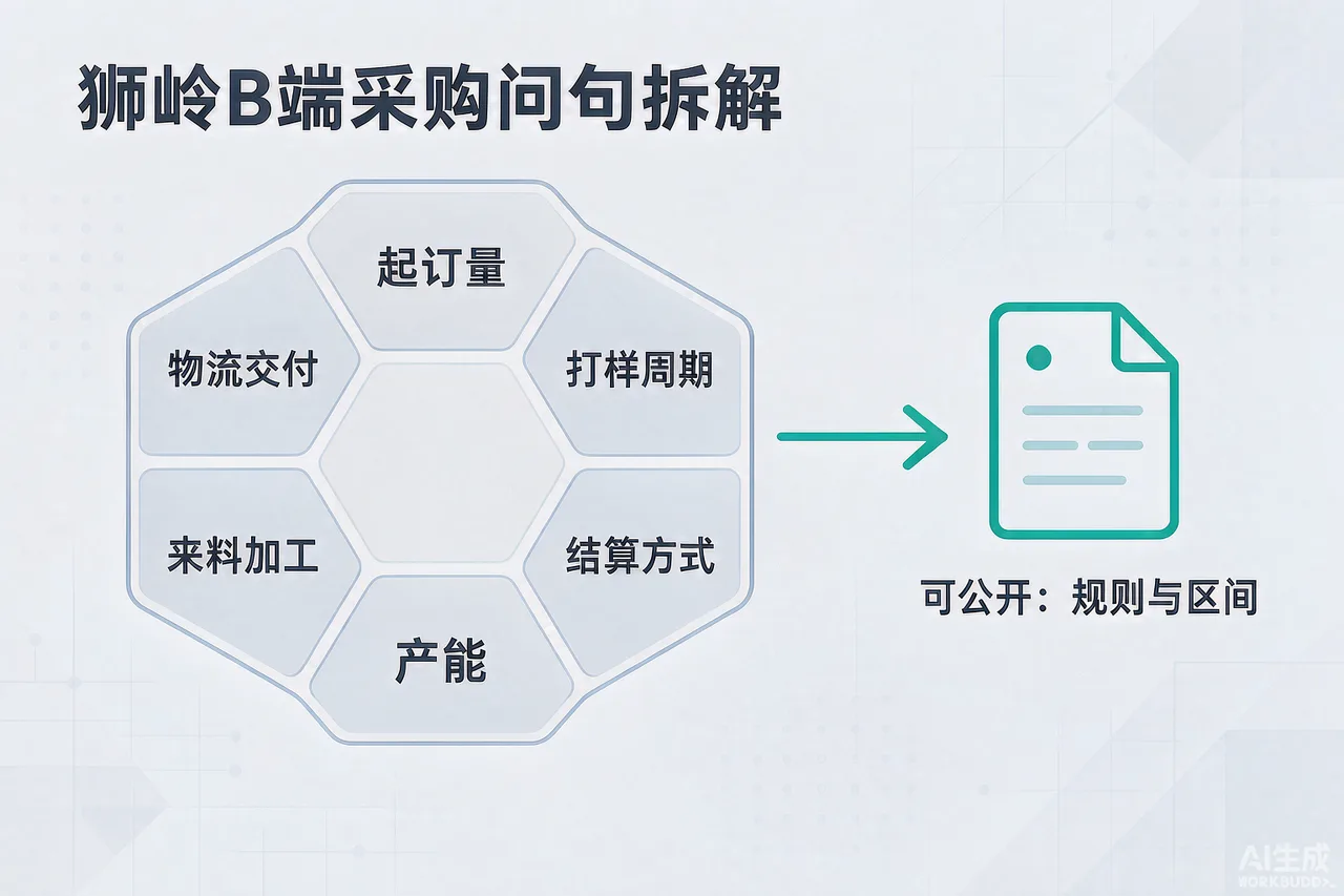 狮岭皮具档口B端采购问答的6类问句与内容字段对照示意图