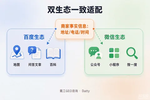 双生态适配示意图：左边百度生态（百家号等），右边微信生态（公众号等），中间是商家事实信息统一入口