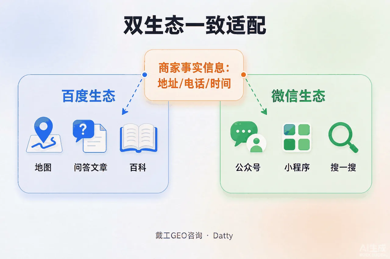 双生态适配示意图：左边百度生态（百家号等），右边微信生态（公众号等），中间是商家事实信息统一入口