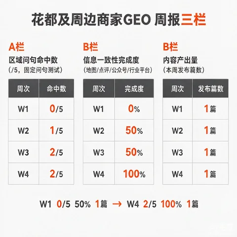 花都及周边商家GEO周报三栏模板示意图：区域问句命中数、信息一致性完成度、内容产出量