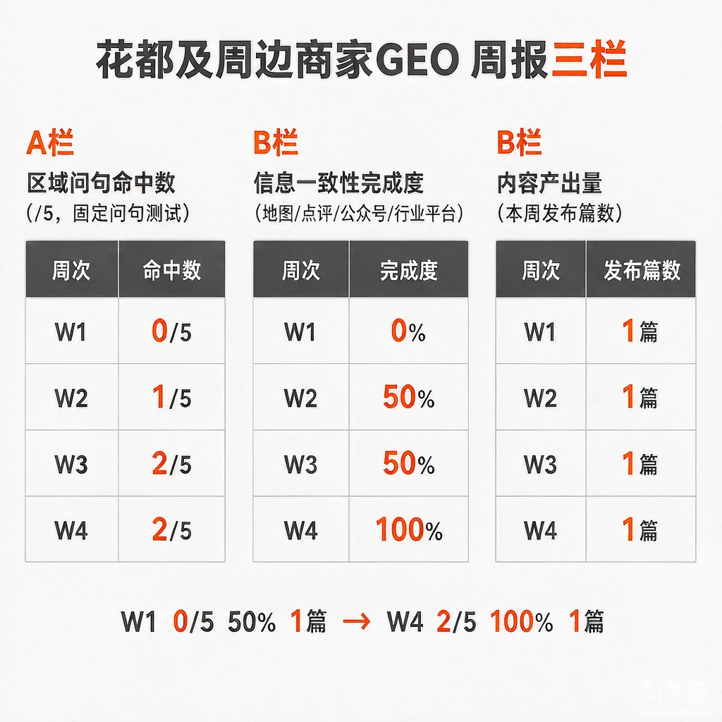 花都及周边商家GEO周报三栏模板示意图：区域问句命中数、信息一致性完成度、内容产出量