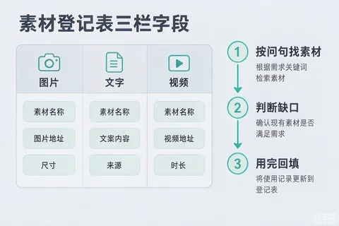 花都及周边商家GEO素材登记表的三栏字段设计与取用流程示意图