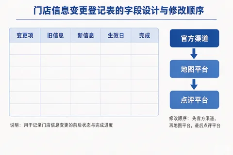 门店信息变更登记表五列字段设计与三平台修改顺序示意图