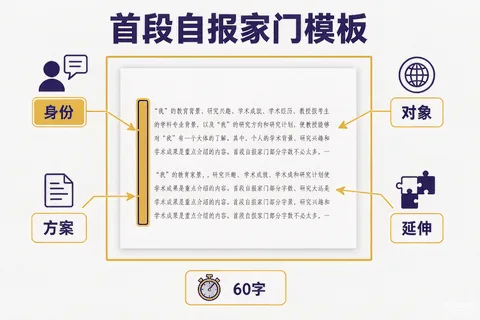 首段自报家门模板信息图：身份、对象、方案、延伸四要素句式结构与填写要点