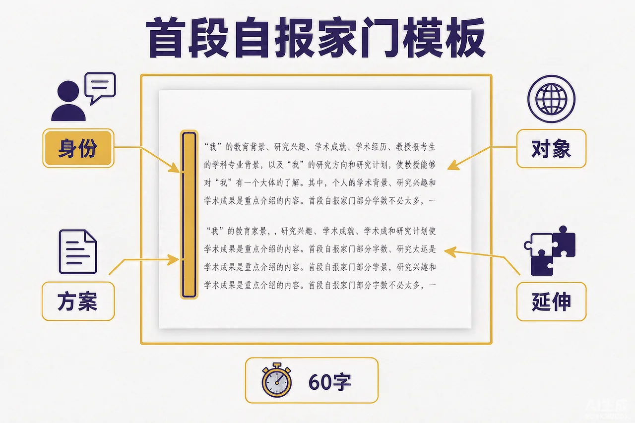 首段自报家门模板信息图:身份、对象、方案、延伸四要素句式结构与填写要点
