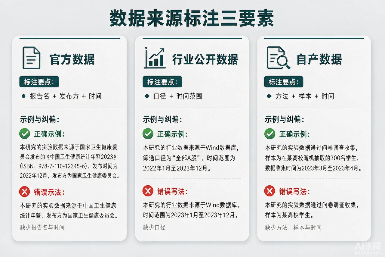 数据来源标注三要素示意图:官方数据(报告名+发布方+时间)、行业公开数据(口径+时间范围)、自产数据(方法+样本+时间),每类配一个正确标注示例句和错误写法对照