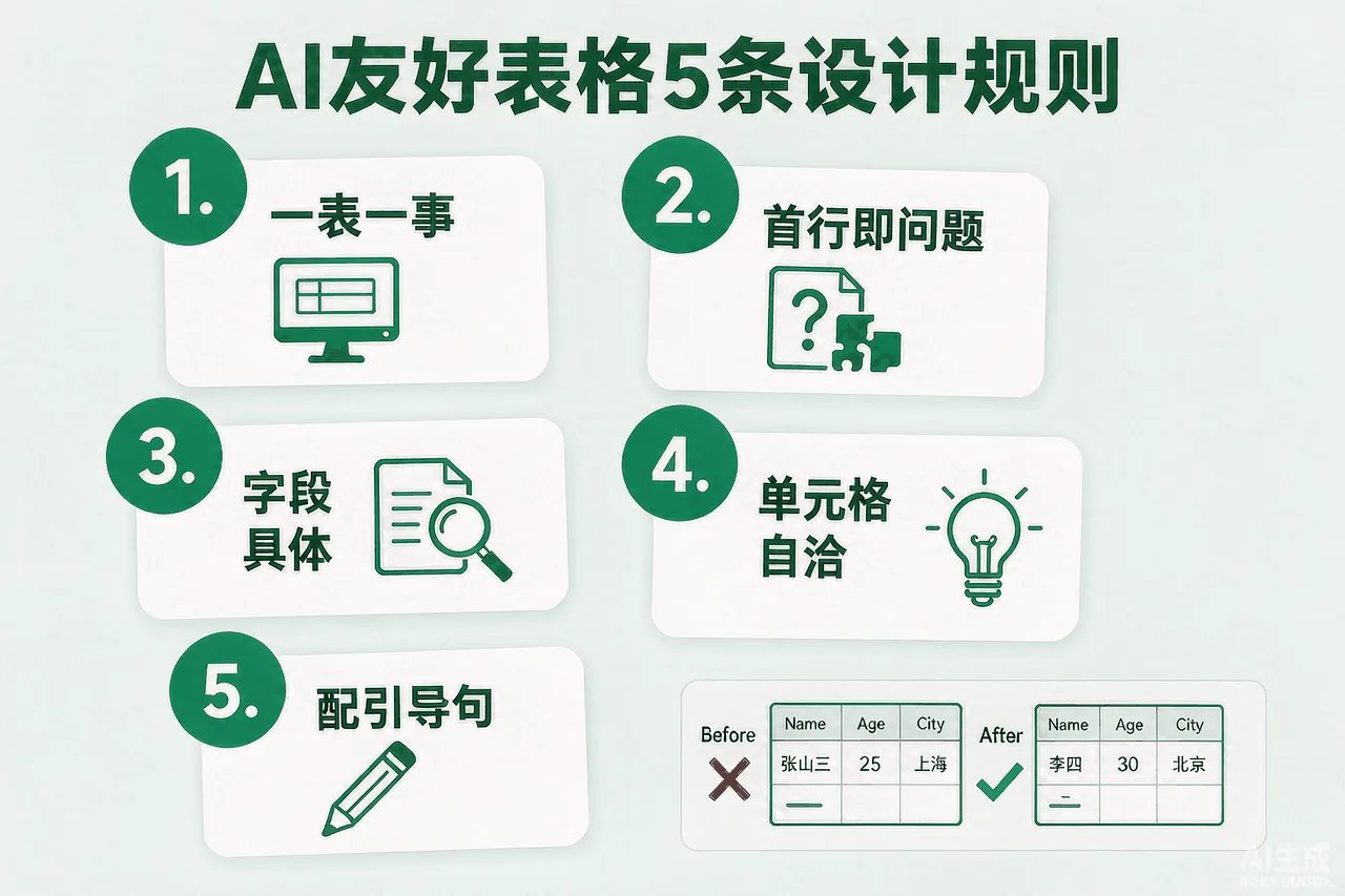 AI友好表格设计5规则信息图：一表一事、首行即问题、字段具体、单元格自洽、配引导句，附改前改后对照