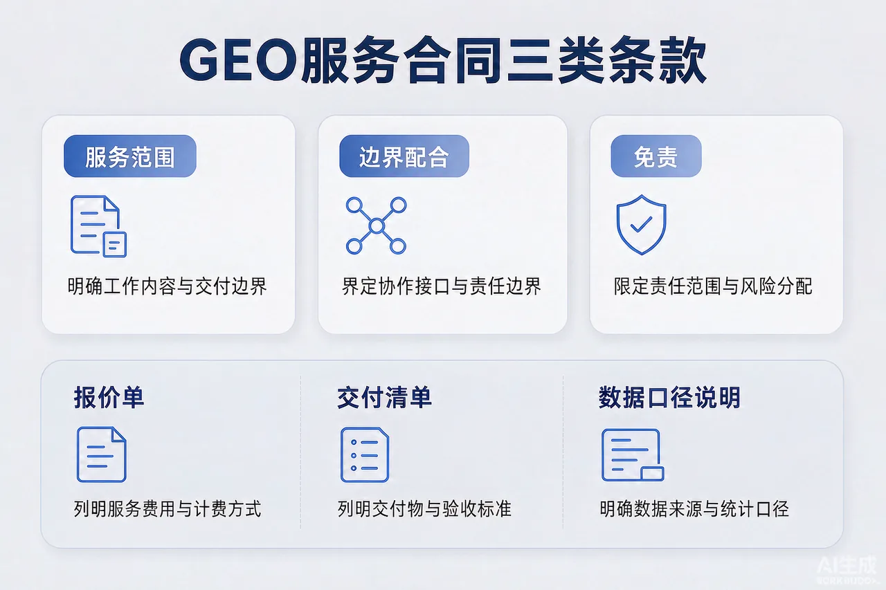 GEO服务合同的范围、边界、免责三类条款与三份附件结构示意图