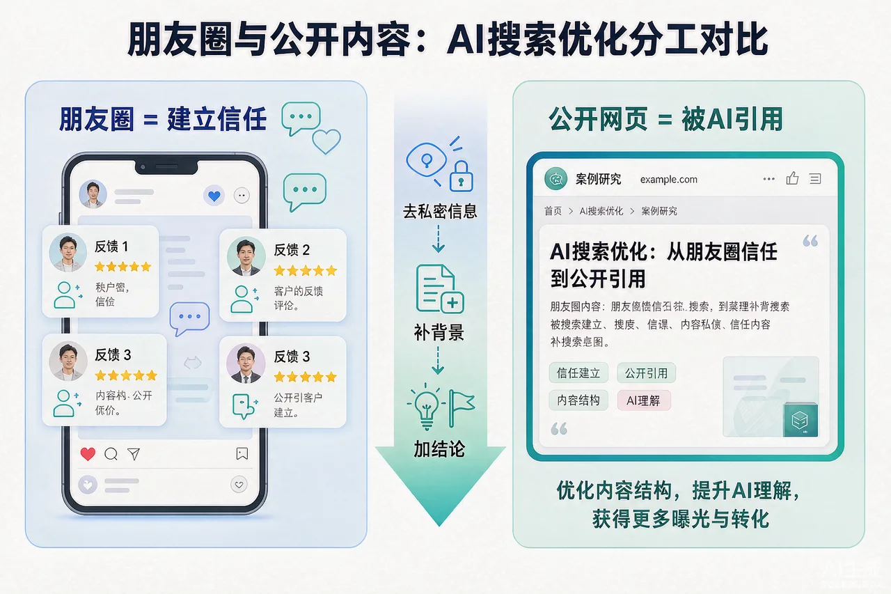 朋友圈与公开内容在GEO中的分工及素材三步改写流程示意图