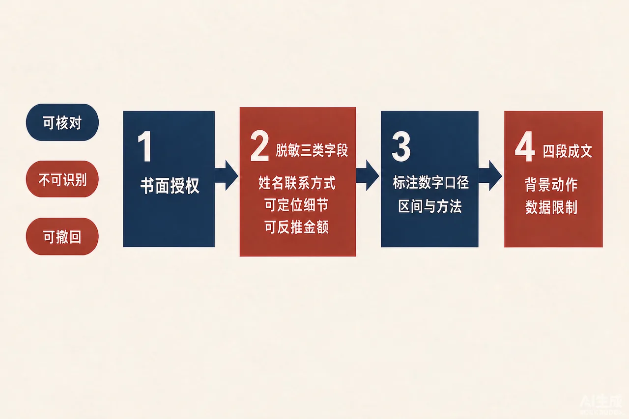商家案例素材处理流程图：授权、脱敏三类字段、按四段模板成文