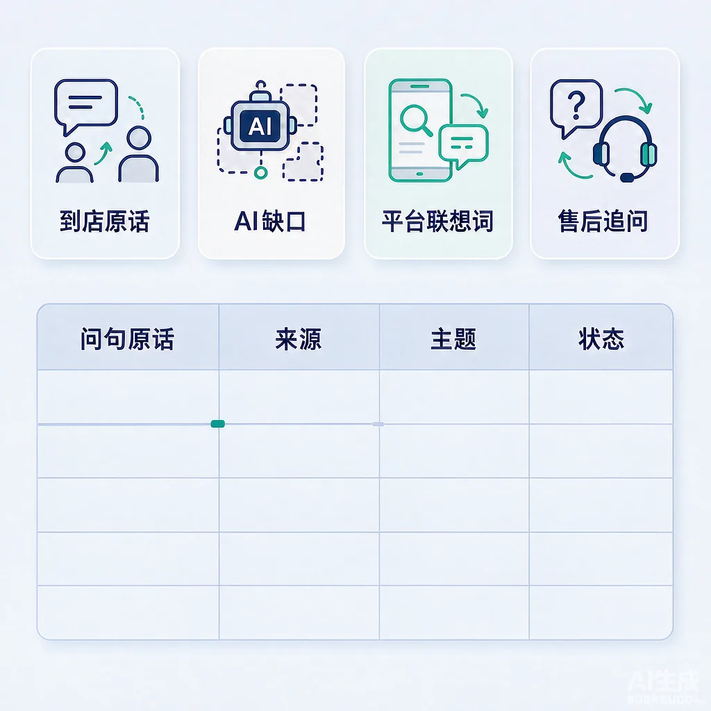 问句库四大来源与登记表字段设计及月度排期流程示意图