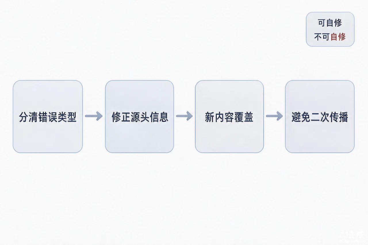 AI回答信息错误的四步修正顺序与可修不可修分类示意图