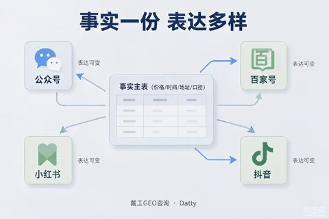 主表分发示意图：中间一张事实主表，向公众号、百家号、小红书、抖音四个平台分发，各平台标注"表达可变、事实不变"