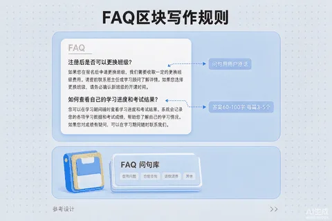 FAQ区块写作规则信息图：问句用用户原话、答案60-100字自洽、每篇3-5个、位置在正文之后，附问句库分组