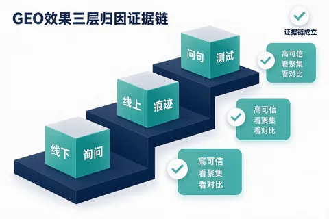 GEO效果归因三层证据链示意图