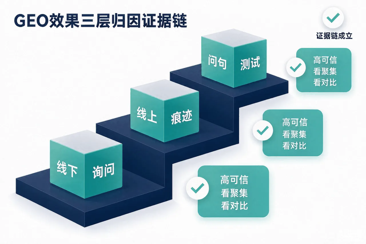 GEO效果归因三层证据链示意图