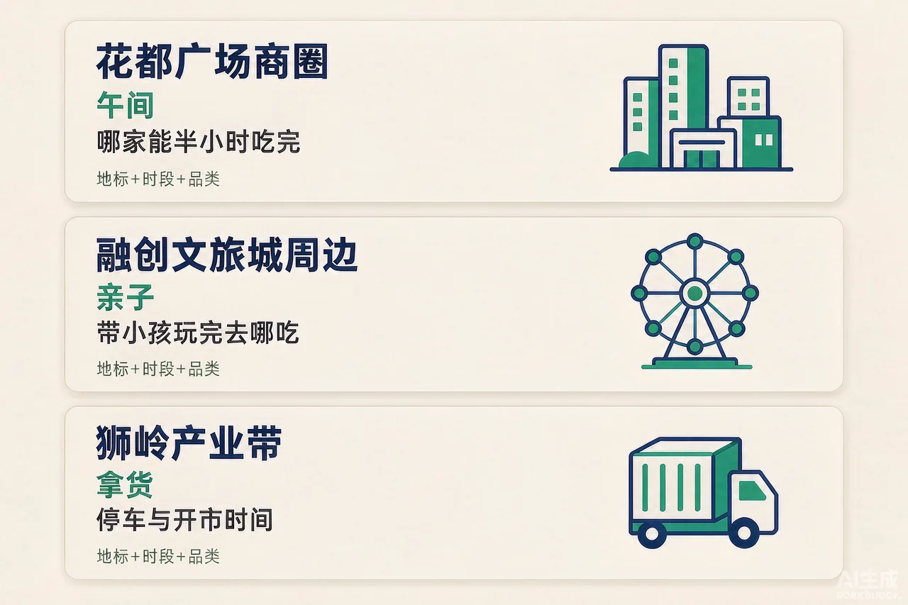 花都本地场景问句示意图：花都广场商圈、融创文旅城周边、狮岭产业带三类场景与对应内容侧重