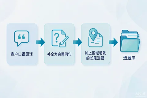 商家访谈产出转化为GEO选题的三步示意图