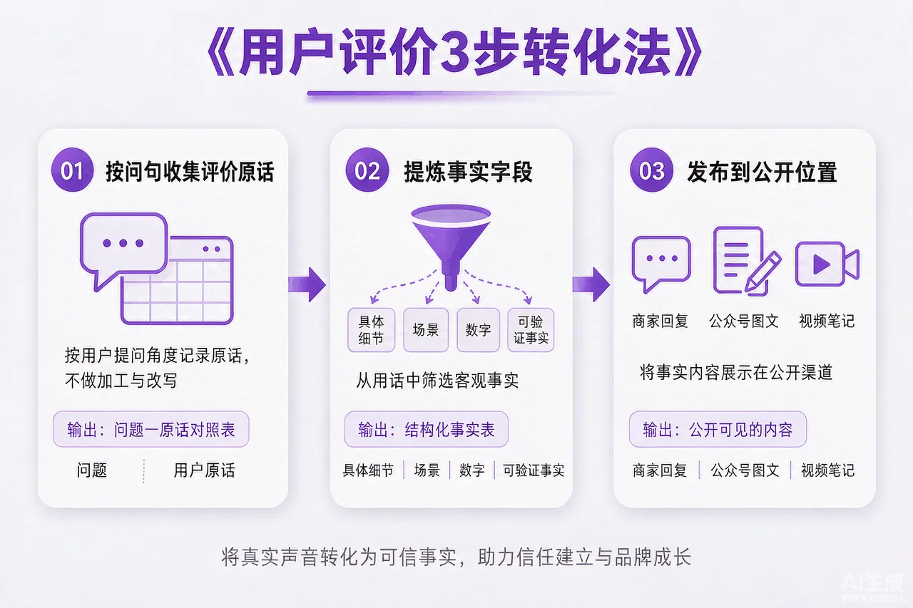 用户评价3步转化法流程图：第一步按问句收集评价原话（问题-原话对照表）、第二步提炼四字段（具体细节/场景/数字/可验证事实）、第三步发布到三个公开位置（商家回复/公众号图文/视频笔记），配示例句标注