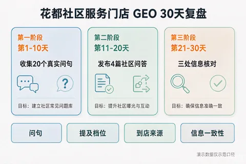 花都社区服务门店GEO 30天三阶段复盘框架与字段设计示意图
