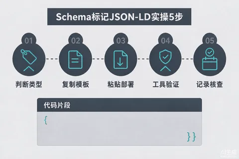 Schema标记JSON-LD实操5步流程图：判断类型、复制模板、粘贴部署、工具验证、记录核查，含Article与FAQPage代码块示意