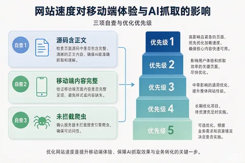 网站速度与移动端影响AI抓取的三项自查与优化优先级示意图