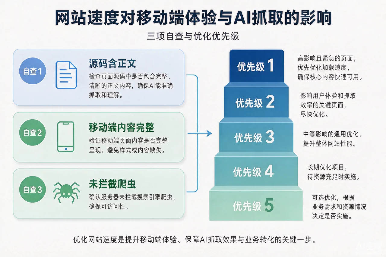 网站速度与移动端影响AI抓取的三项自查与优化优先级示意图