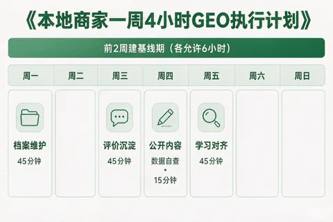 本地商家一周4小时GEO执行计划时间表：周一档案维护45分钟、周三评价沉淀45分钟、周四公开内容45分钟、周五学习对齐45分钟+数据自查15分钟，前2周建基线期各允许6小时，配各模块产出说明