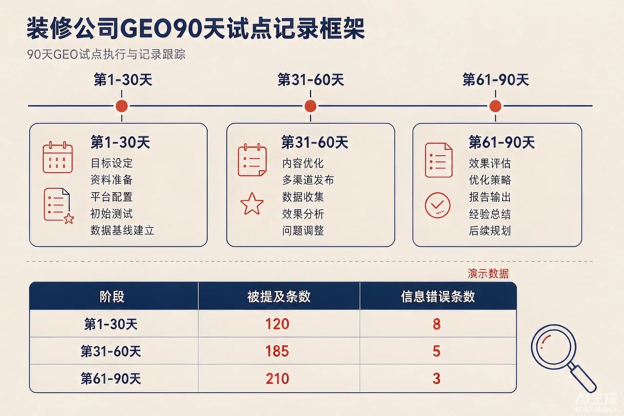 装修公司GEO90天试点记录框架图：三阶段时间轴与被提及条数、信息错误条数两列记录