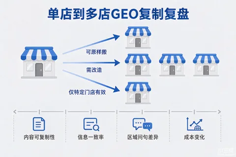 单店到多店GEO复制的4个观察维度与动作复用判定示意图