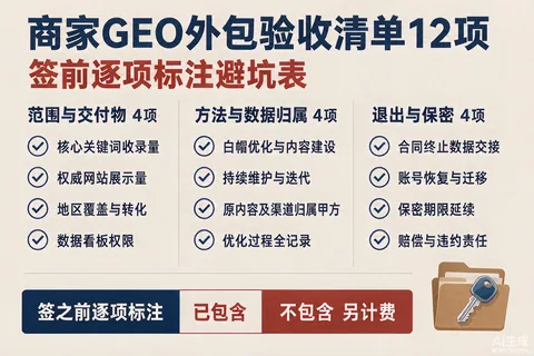 商家GEO外包验收清单结构图：范围交付、方法数据、退出保密三组共12项