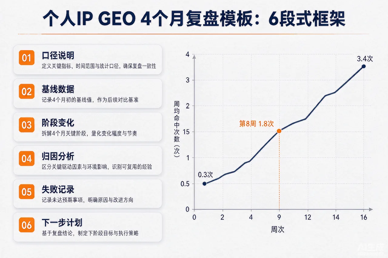 个人IP GEO 4个月复盘模板结构图：6段式框架（口径说明/基线数据/阶段变化/归因分析/失败记录/下一步计划），右侧配演示数据折线示意（周均命中0.3次升至3.4次）与各段写作要点标注