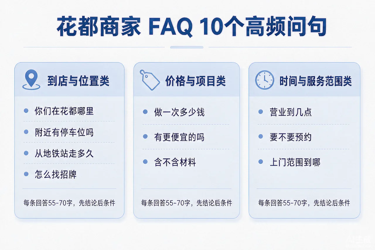 花都及周边商家FAQ三类高频问句清单与回答要点示意图