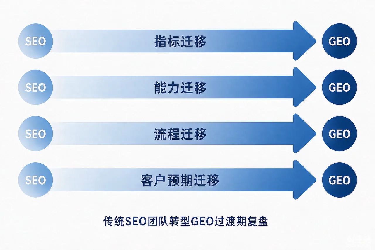 传统SEO团队转型GEO过渡期复盘四条迁移主线示意图：指标、能力、流程、客户预期