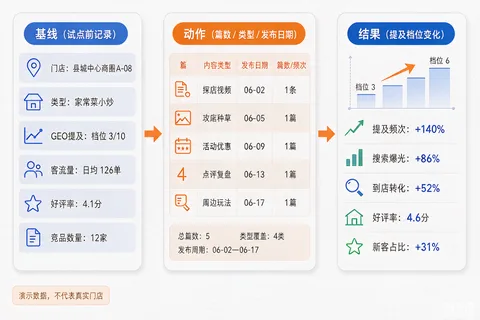 县城餐饮店GEO复盘的基线、动作、结果三板块框架示意图