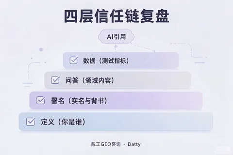 四层路径复盘图：定义（你是谁）→署名（实名与背书）→问答（领域内容）→数据（测试指标），每层旁标注演示指标