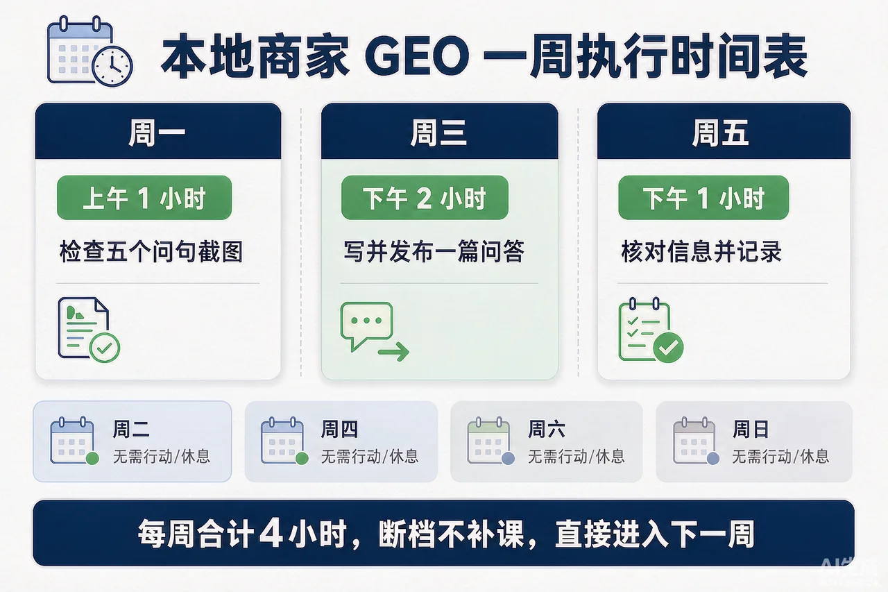 本地商家GEO一周执行时间表模板与三个固定时段示意图