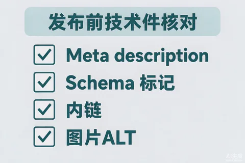 发布前四项技术件核对示意图：Meta、Schema、内链、ALT