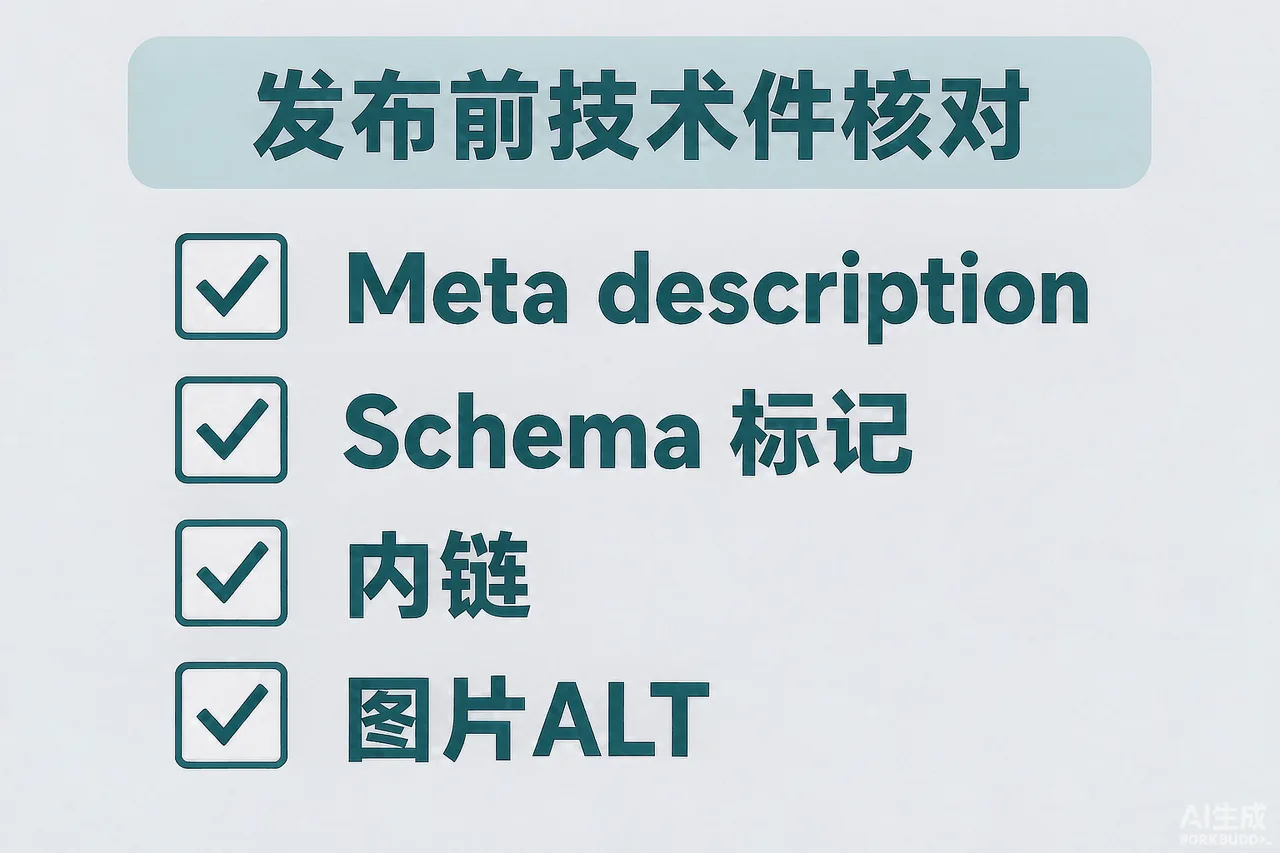 发布前四项技术件核对示意图：Meta、Schema、内链、ALT