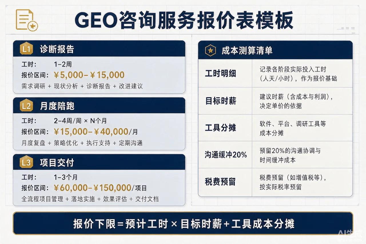 GEO咨询服务报价表模板示意图：左侧三档服务结构（L1诊断报告/L2月度陪跑/L3项目交付，含交付物工时报价）、右侧成本测算五项清单（工时明细/目标时薪/工具分摊/沟通缓冲20%/税费），底部配报价下限公式