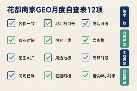 花都商家GEO月度自查表结构图：信息一致、内容产出、本地场景、数据记录四组共12项