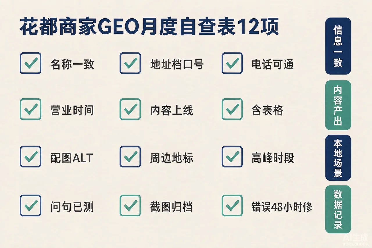 花都商家GEO月度自查表结构图：信息一致、内容产出、本地场景、数据记录四组共12项