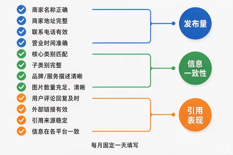 商家月度GEO自查表的12项打勾模板与三类指标结构示意图