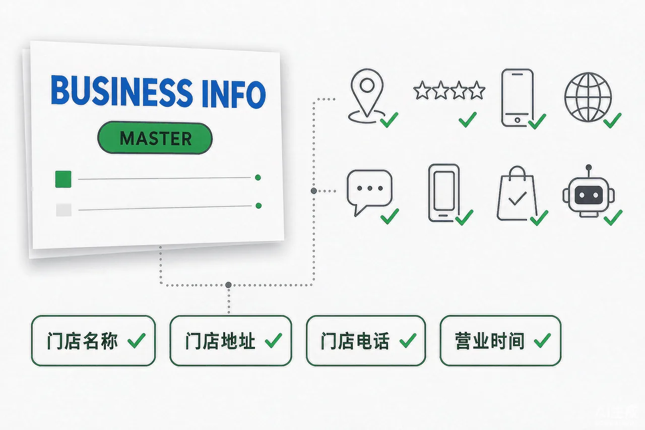 信息一致性核对图:母版文档连接8个平台图标并逐个打勾,高亮店名、地址、电话、营业时间四个字段
