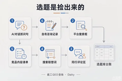 选题挖掘流程图：六个免费工具按顺序排列成流水线，最终汇入选题库表格图标