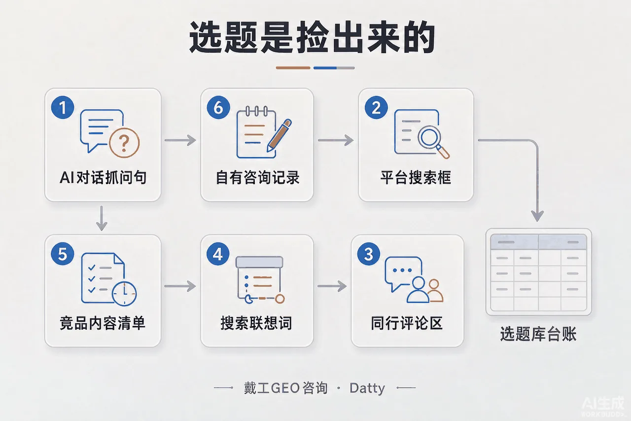 选题挖掘流程图：六个免费工具按顺序排列成流水线，最终汇入选题库表格图标